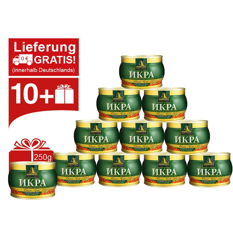 Angebot. 10x Gorbuscha Lachskaviar Zarendom Classic Gold 400 g Dose + 250 g gratis dazu Angebot. 10x Gorbuscha Lachskaviar Zarendom Classic Gold 400 g Dose + 250 g gratis dazu